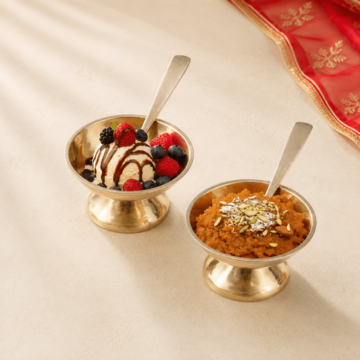 Shine Finish Handmade Pure Kansa Ice Cream Cup with Spoon | Set of 2 | Premium Bronze Dessert Bowl - Royalstuffs.com