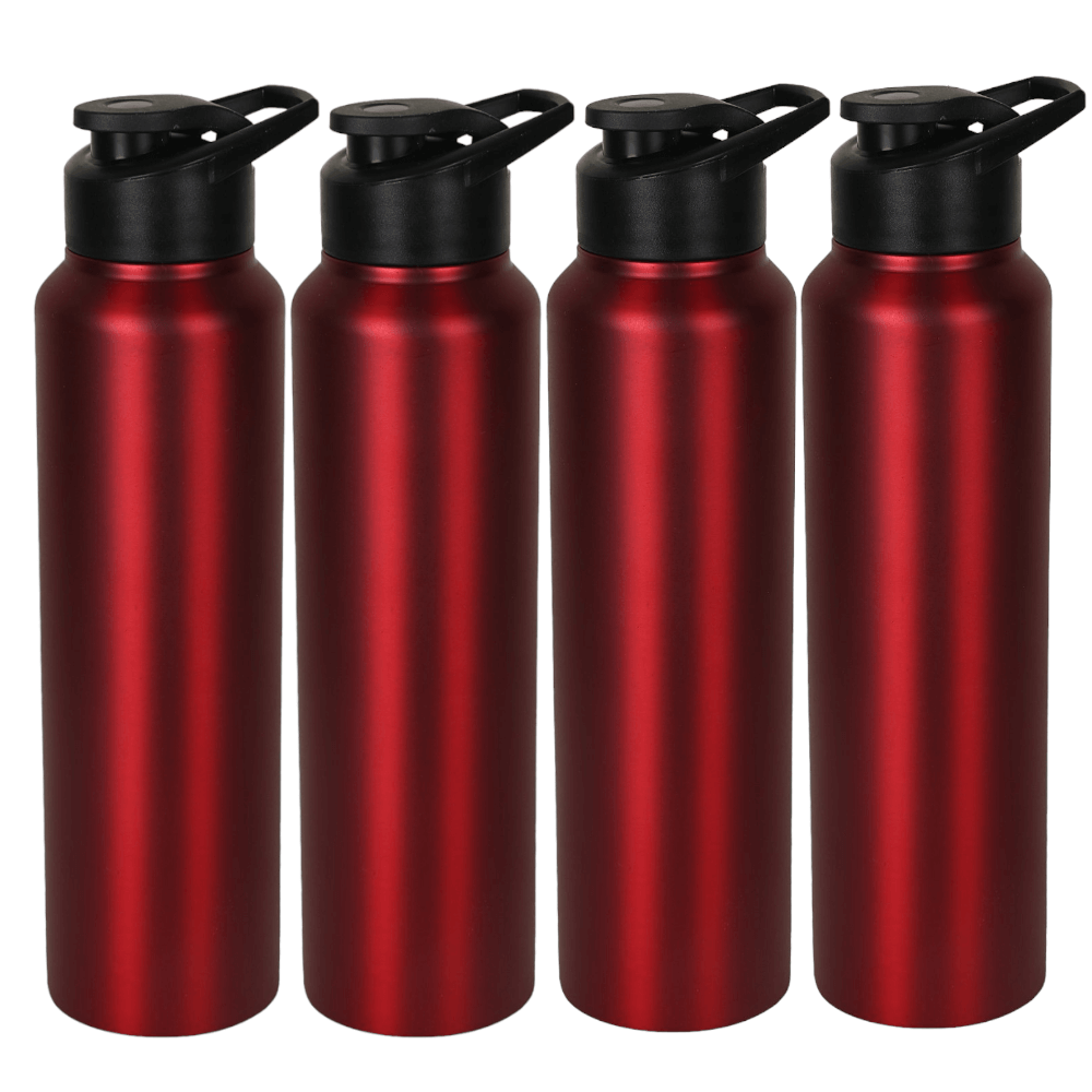 Stainless Steel Sports/Sipper Water Bottle (Set of 4, Red, Chrome) 4000 ml Bottle (Pack of 4, Red, Steel) - Royalstuffs.com