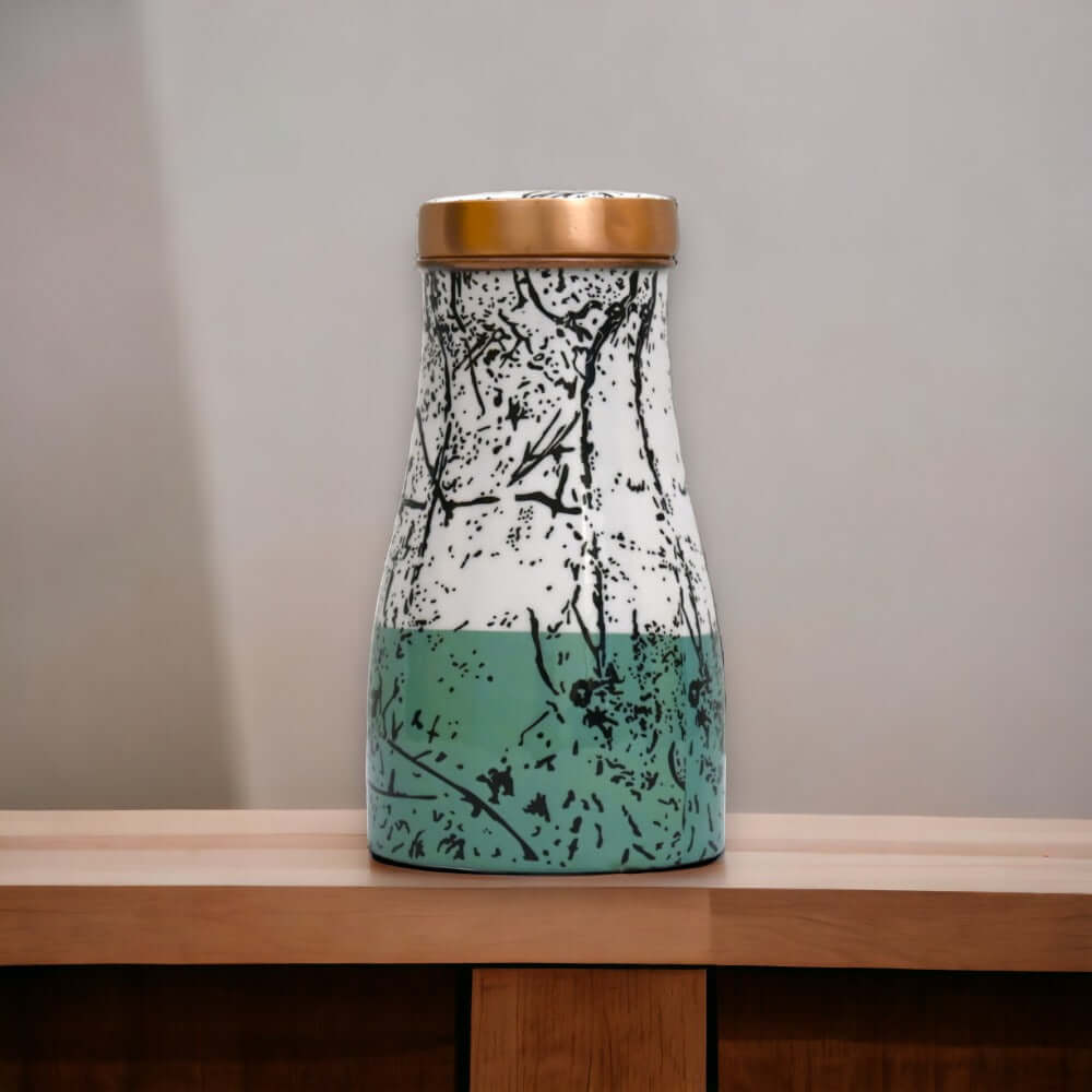 1000 ml Sugar Pot Printed Bedside Carafe Bottle for Healthy Water Storage with Inbuilt Glass and Aqua White Design