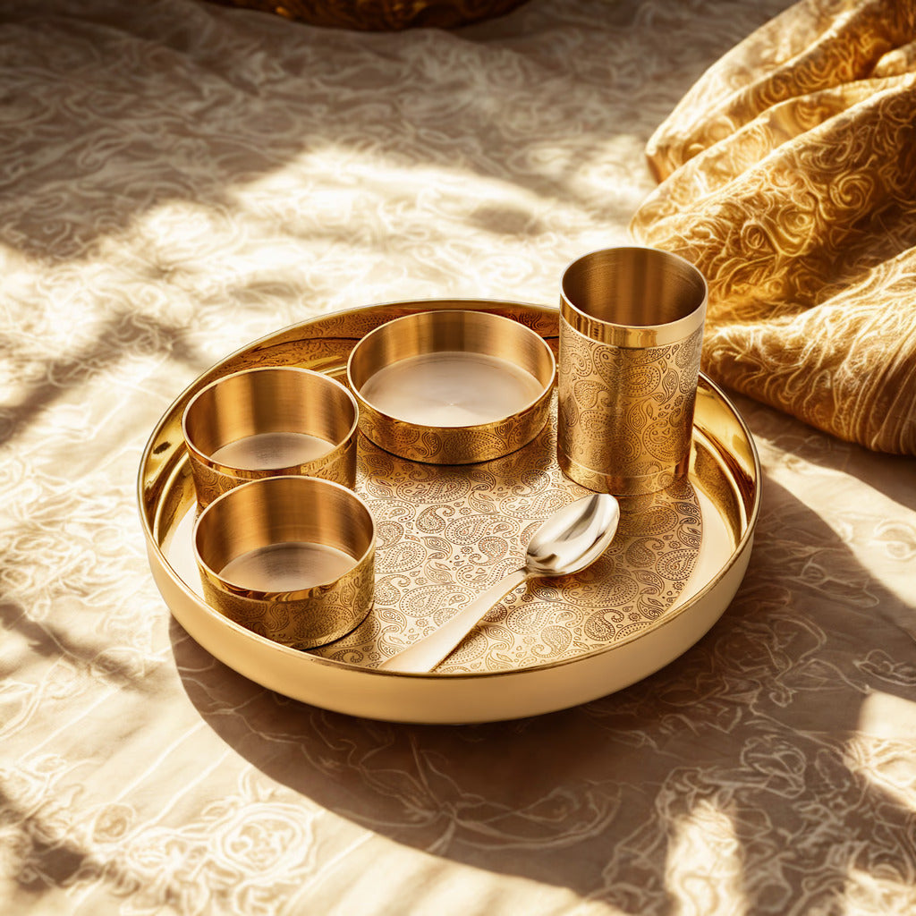 Good Luck Brass Thaali Set – Handcrafted Etched Dinnerware