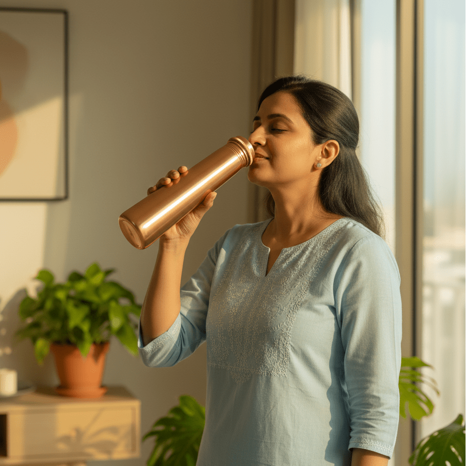 Tower Plain Shine Pure Copper Water Bottle - 700 ml - Royalstuffs.com