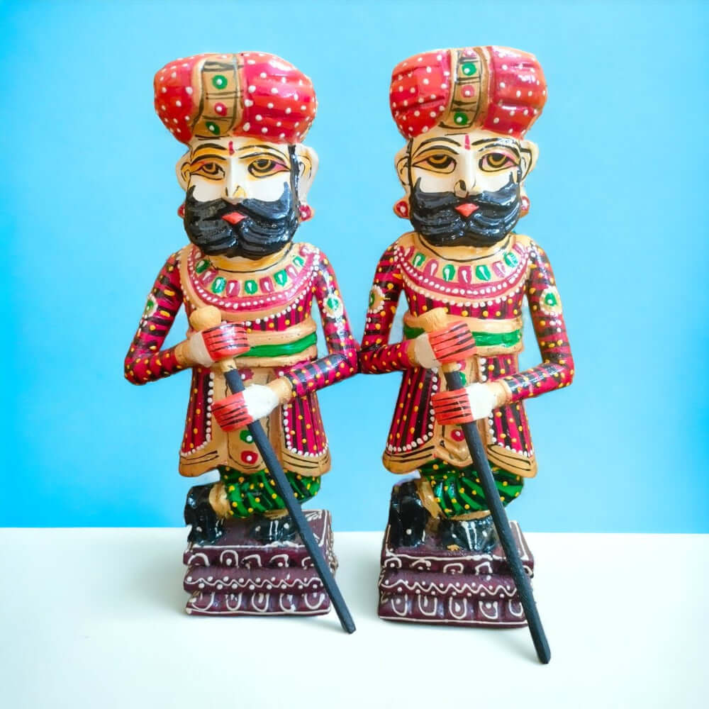 Traditional Rajasthani Decorative Handicraft Wooden Royal Guard / Darbaan/Watchman Set of 2 Home Décor Beautiful Showpiece (11.5 Inch ) - Royalstuffs.com