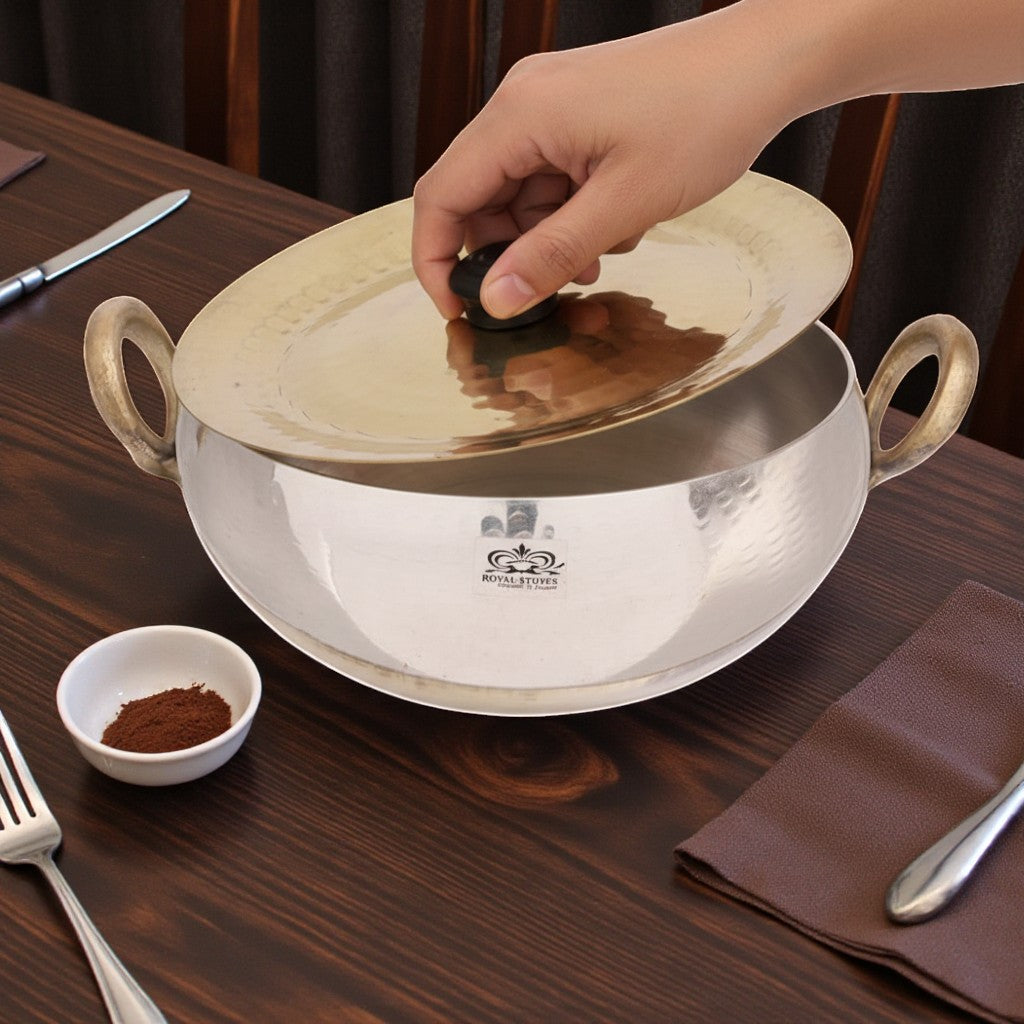 Flat Base Handmade Brass Kadhai with Tin (Kalai) Coating & Brass Lid – Traditional Heavy Bottom Cookware | RoyalStuffs