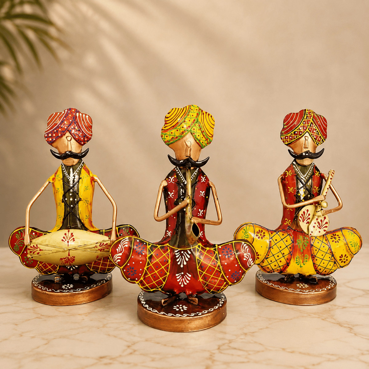 Tribal Rajasthani Sitting Male Musicians Muchhad in Iron Handmade Decorative Items for Home | Gift Items | Showpieces | Table Decorative Items Set of 3, Height : 9 Inches, Multicolor - Royalstuffs.com