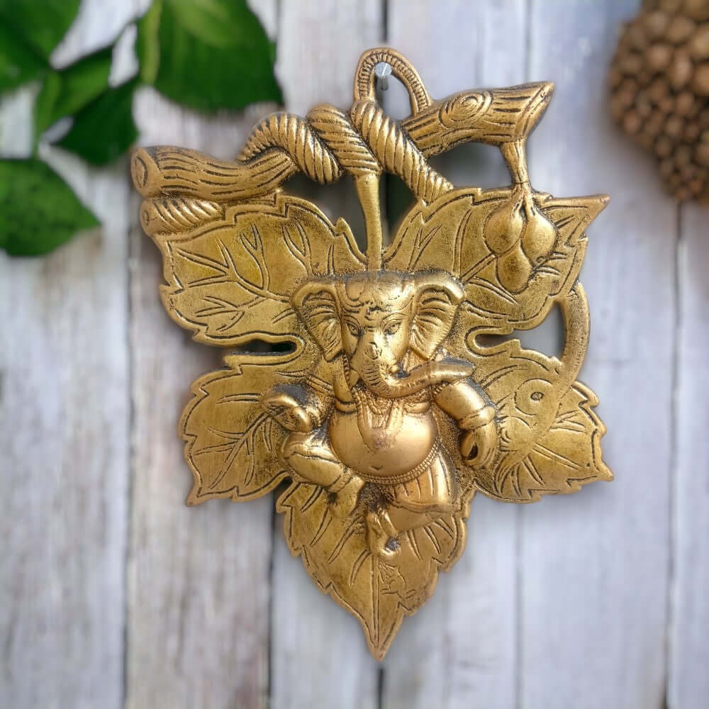 Unique Lord Ganesha on Leaf Wall Hanging - 11 Inches - Royalstuffs.com