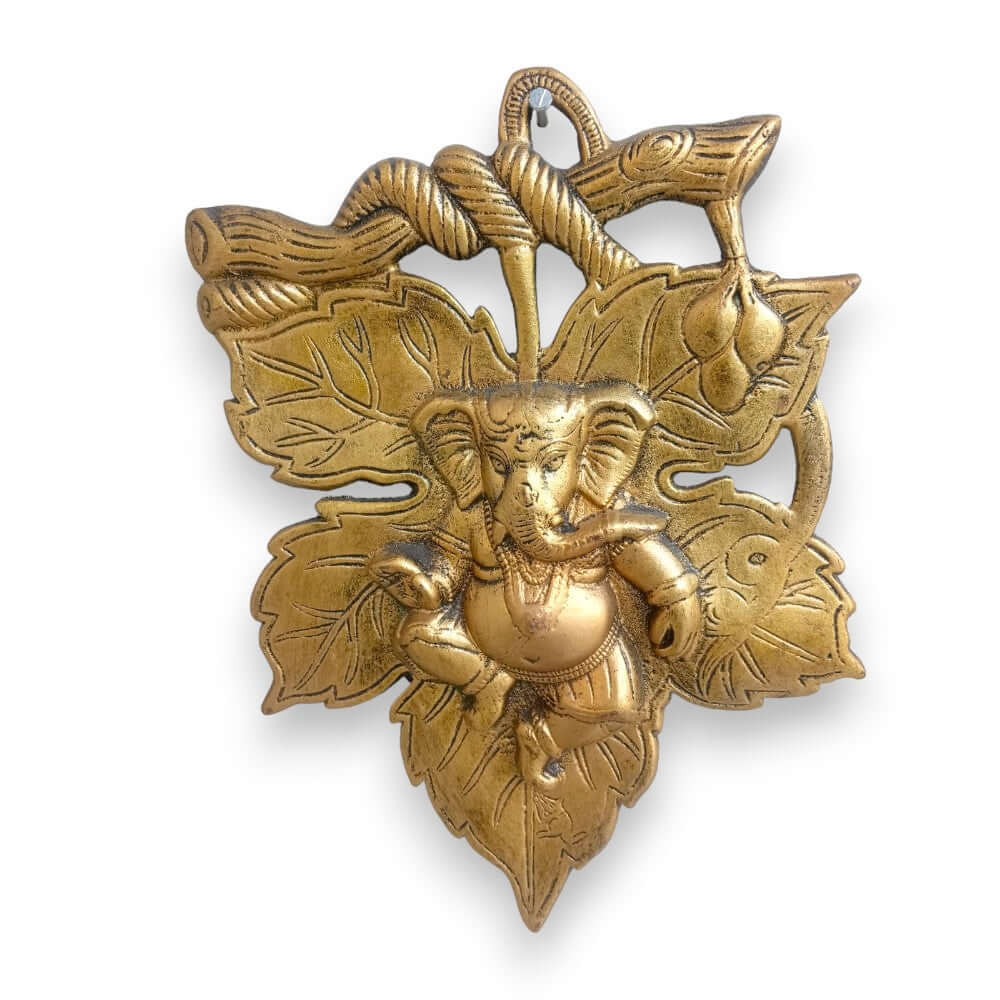 Unique Lord Ganesha on Leaf Wall Hanging - 11 Inches - Royalstuffs.com