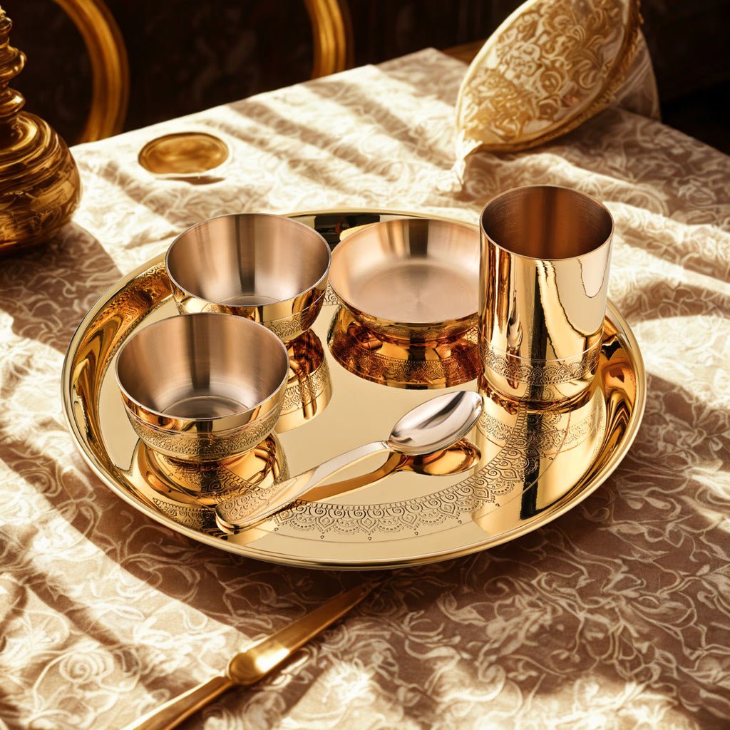 Viraasat Brass Thaali Set – 6 Pcs Handcrafted Dinnerware - Royalstuffs.com
