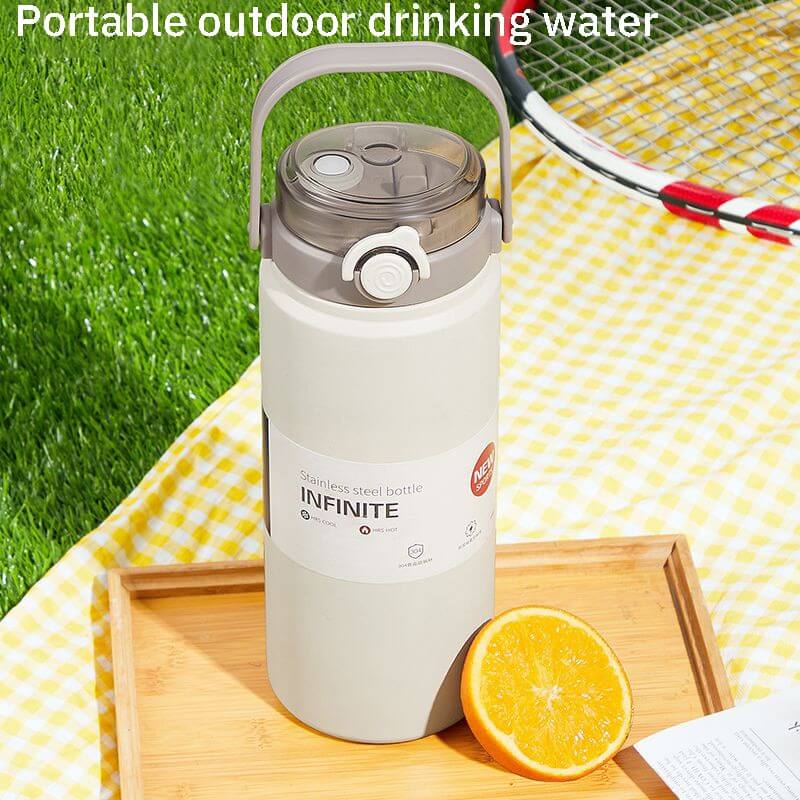 Double Wall Vacuum Insulated Stainless Steel Water Bottle with Handle and Straw (1000 ml, Gray) - Royalstuffs.com