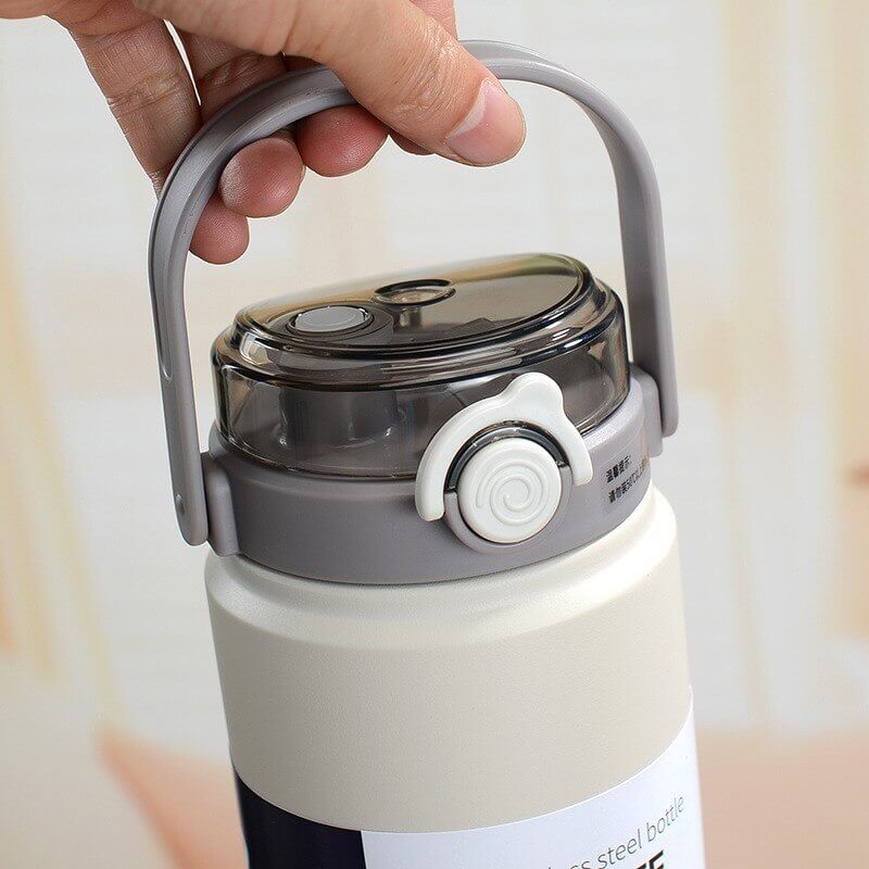 Double Wall Vacuum Insulated Stainless Steel Water Bottle with Handle and Straw (1000 ml, Gray) - Royalstuffs.com