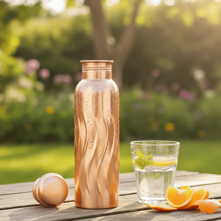 Wavy Designer Pure Copper Water Bottle - 1 Liter - Royalstuffs.com