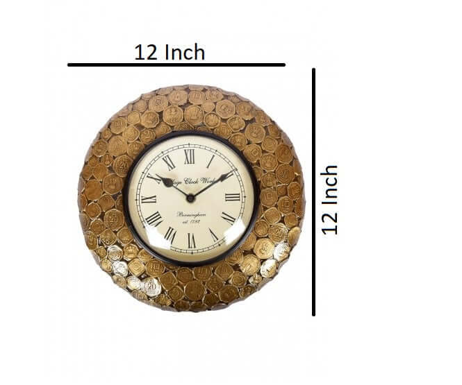 Wood Brass Metal Coin Embossed Indian Vintage Analog Wall Clock (Gold, 12x12 Inch) - Royalstuffs.com