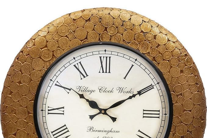 Wood Brass Metal Coin Embossed Indian Vintage Analog Wall Clock (Gold, 12x12 Inch) - Royalstuffs.com