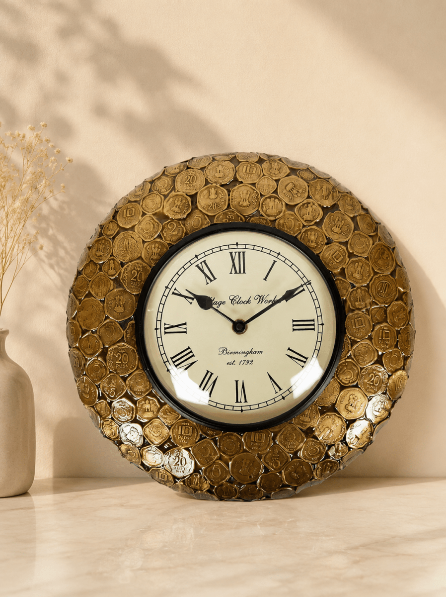 Wood Brass Metal Coin Embossed Indian Vintage Analog Wall Clock (Gold, 12x12 Inch) - Royalstuffs.com