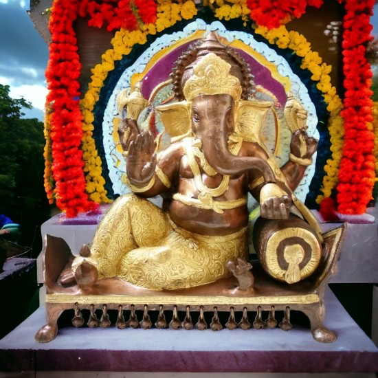 India Brass Lord Ganesha Sitting On Chowki, Height: 15" Weight:14.5 Kg