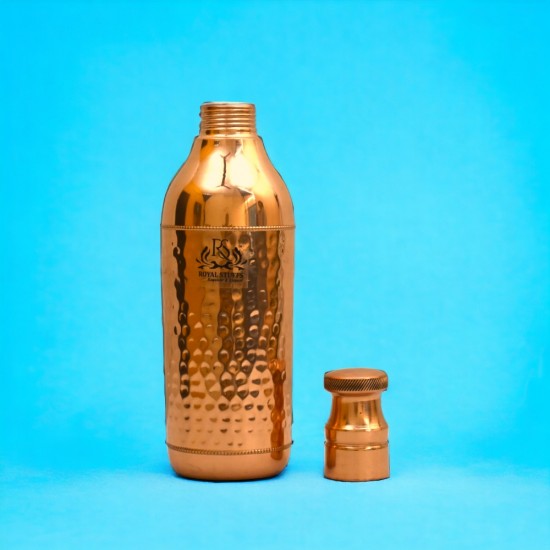 ROYALSTUFFS Handcrafted Copper Water Bottle 920ML | Hammered Polish Water Bottle Leak Proof | Copper Bottle Champagne Shape For Water