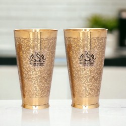 2 Brass Lassi Glass, Water Glass with Embossed Design, Drinkware & Serveware (700 ml)
