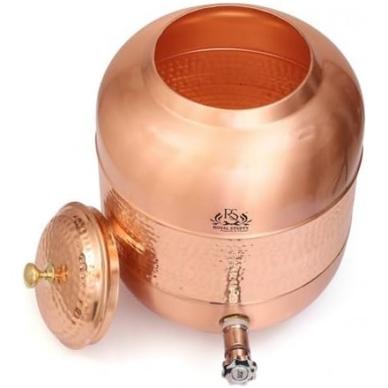 ROYALSTUFFS Pure Copper Drinkware Water Dispenser Hammered Finish- Ayurveda Health Healing 4 Liter Storage Water Container Tank With 4 Matching Tumbler Glasses