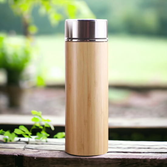 Bamboo Stainless Steel Insulated Flask Water Bottle with Detachable Tea Filter 450ml BPA and Phalate Free - Set of 2