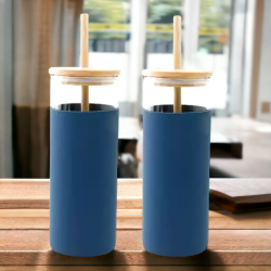 Set of 2, Tumbler for Coffee with lid 480 ml Glass Sipper with Silicon Straw & Bamboo Lid 