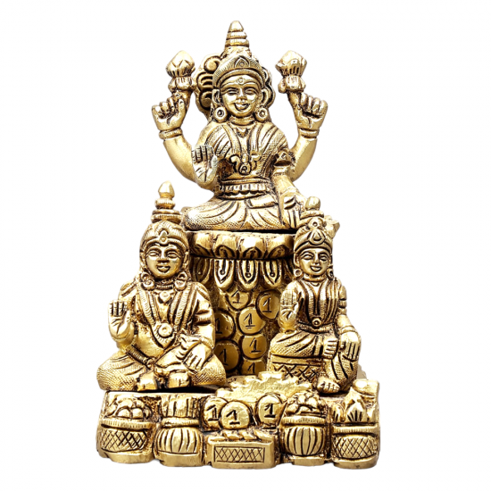 Brass Lord Kubera with Goddess Lakshmi and Ridhhi Idol Murti (One Piece)