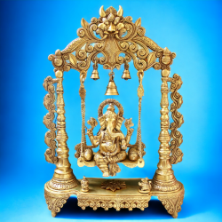 Brass Ganesha Idol Murti Sitting on Jhula for Worship Temple Home, 66 cm HEIGHT