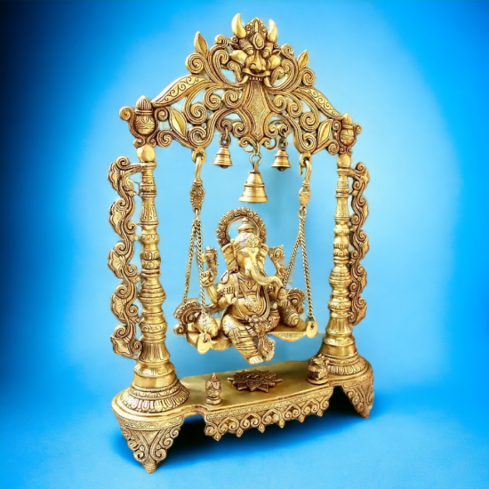 Brass Ganesha Idol Murti Sitting on Jhula for Worship Temple Home, 66 cm HEIGHT