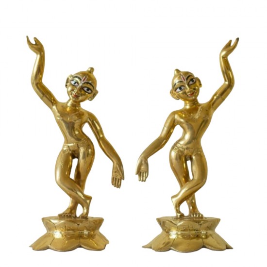 Brass Gaura Nitai Deities 8" One Hand Up and one Down; Lotus Base,Weight:2500 Gram