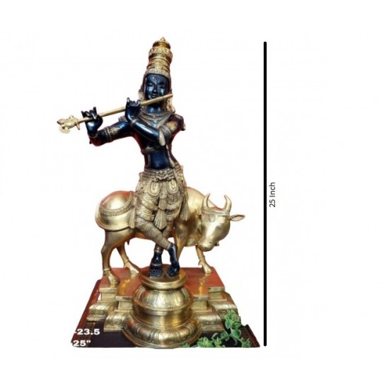 Cow Krishna Statue 25 Inch, Large Brass Krishna Idol / Standing Krishna Idol / God of love / Hare Krishna Idol / Narayana Idol / Lord Vishnu,Weight:23.5 Kg