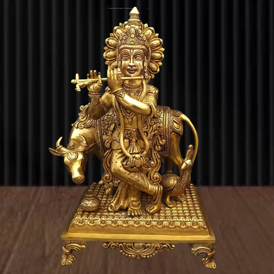 Lord Krishna Brass Statue with Cow,Height:16 Inch,Width:9 Inch,Weight:9 Kg