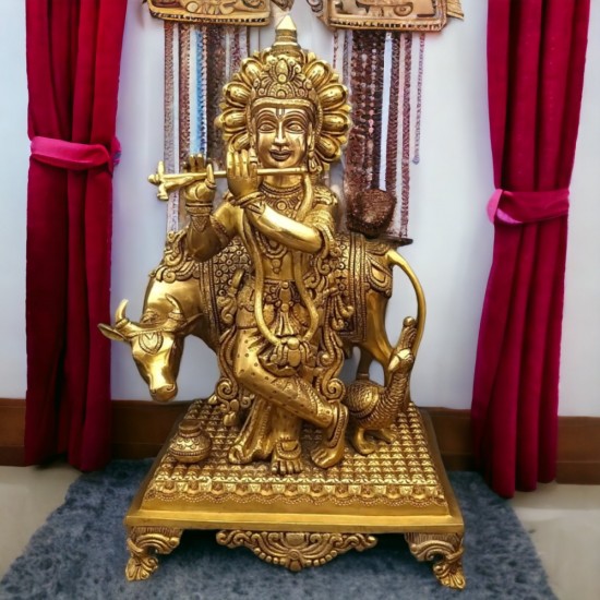 Lord Krishna Brass Statue with Cow,Height:16 Inch,Width:9 Inch,Weight:9 Kg