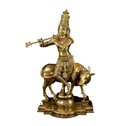 Brass Krishna with His Cow, Golden Color,Height:25 Inch,Weight:23.5 Kg.
