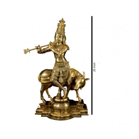 Brass Krishna with His Cow, Golden Color,Height:25 Inch,Weight:23.5 Kg.