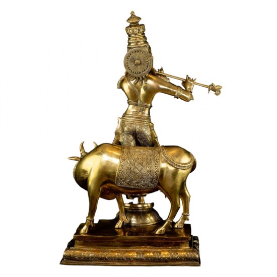 Brass Krishna with His Cow, Golden Color,Height:25 Inch,Weight:23.5 Kg.