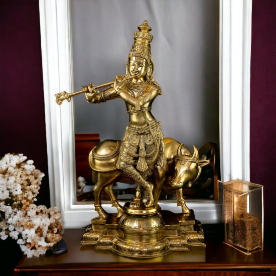 Brass Krishna with His Cow, Golden Color,Height:25 Inch,Weight:23.5 Kg.