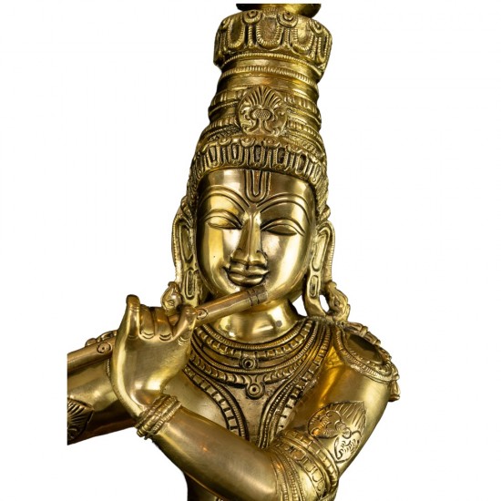 Brass Krishna with His Cow, Golden Color,Height:25 Inch,Weight:23.5 Kg.