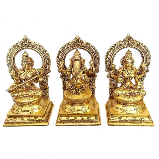 10" Brass Statues of Goddess Lakshmi, Ganesha and Saraswati,Weight:13.5 Kg