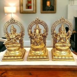 10" Brass Statues of Goddess Lakshmi, Ganesha and Saraswati,Weight:13.5 Kg
