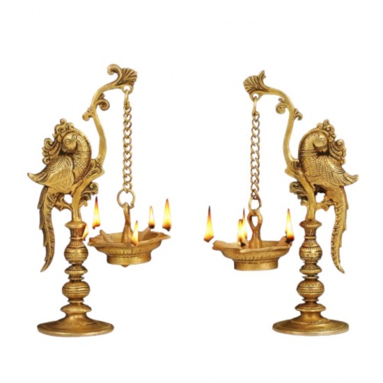 Brass 20 CM Annam Bird Diya/ Barss Deepam/ Oil Lamp for Temple Decor, Indian Traditional Brass Decorative Diyas for Home Decor Gold Finish (Set of 2)