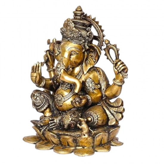 Brass Statue 22" Large Size Lord Ganesha Seated in Easy Posture on Lotus,Weight:28 Kg.