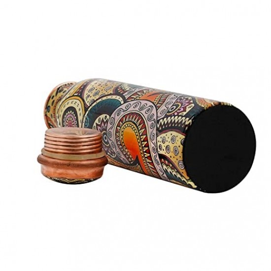 Copper Water Bottle - Colorful Paisley Joint Less Leak Proof Ayurveda Health Benefit Vessel for Sports and Yoga - 1000 ML