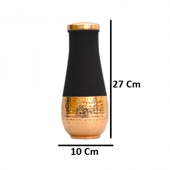 ROYALSTUFFS Pure Copper Bedroom Water Bottle with Inbuilt Glass, Surahi Design Brown Half Silk Half Hammered Finish Carafe (Pack of 1, Brown, Copper, 1600 ml)