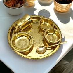 6 Items Brass Thali set, 1 Thali  2 Bowls, 1 Dessert Plate , 1 Glass and 1 Spoon Dinner Set  (Gold)