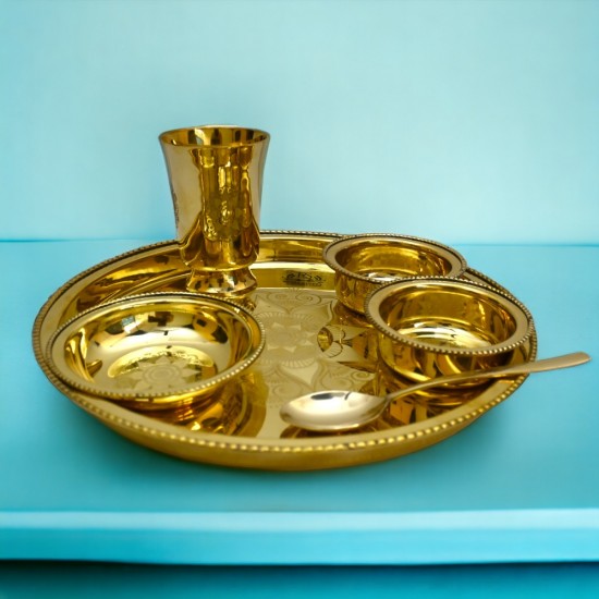 6 Items Brass Thali set, 1 Thali  2 Bowls, 1 Dessert Plate , 1 Glass and 1 Spoon Dinner Set  (Gold)