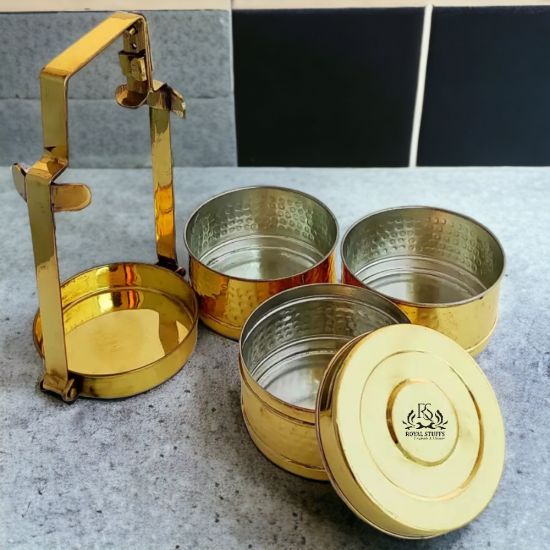Hammered Design Brass Tier with Tin Lining Three Compartments Office Tiffin Lunch Box, Volum 2400 ML, Height 11 Inch,Gold