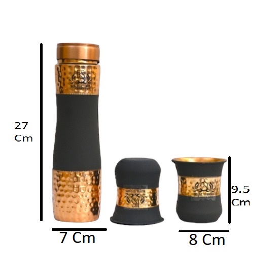Pure Copper Water Bottle Silk Black Half Hammered with 2 Dholak Glasses ( Set of 3 ) Capacity 1000 ML