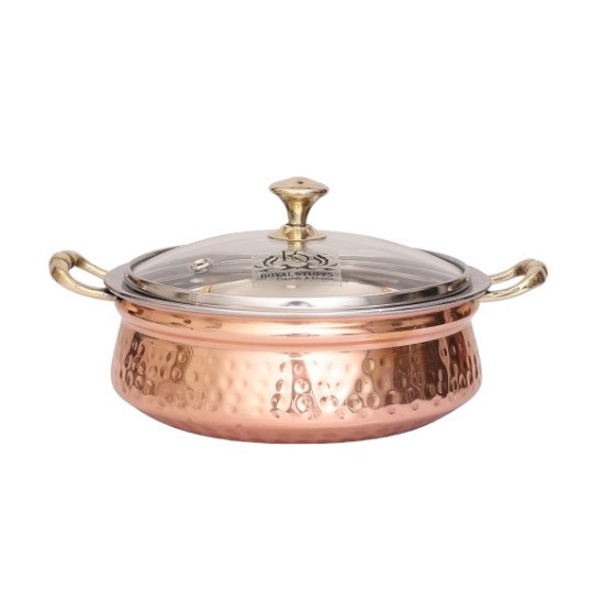 1300 ML Steel Copper Hammered Design Handi/Bowl/Casserole with Toughened Glass Lid 