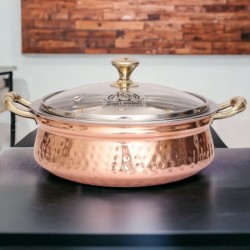 2200 ML Steel Copper Hammered Design Handi/Bowl/Casserole with Toughened Glass Lid 
