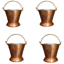 Small Set Of 4 Handmade Pure Steel Copper Bucket/Balti Hammered Design With Handle
