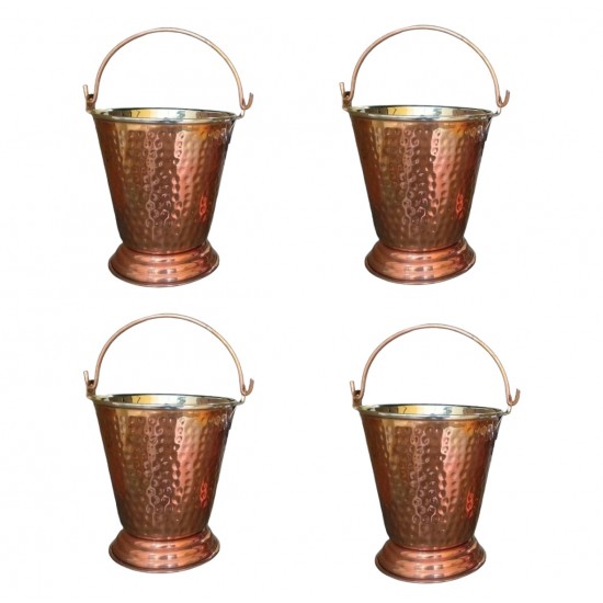 Large Bucket Set Of 4 Handmade Pure Steel Copper Bucket/Balti Hammered Design With Handle