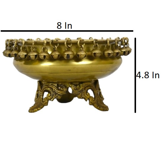 Brass Urli Bowl with Bells | Ethnic Design Pot for Home Decor| Flowers Candle Lamps | for Temple, Room, Traditional, Diwali Decoration, Gift, Showpiece (8.2 inches, 2 kg, Golden Yellow)